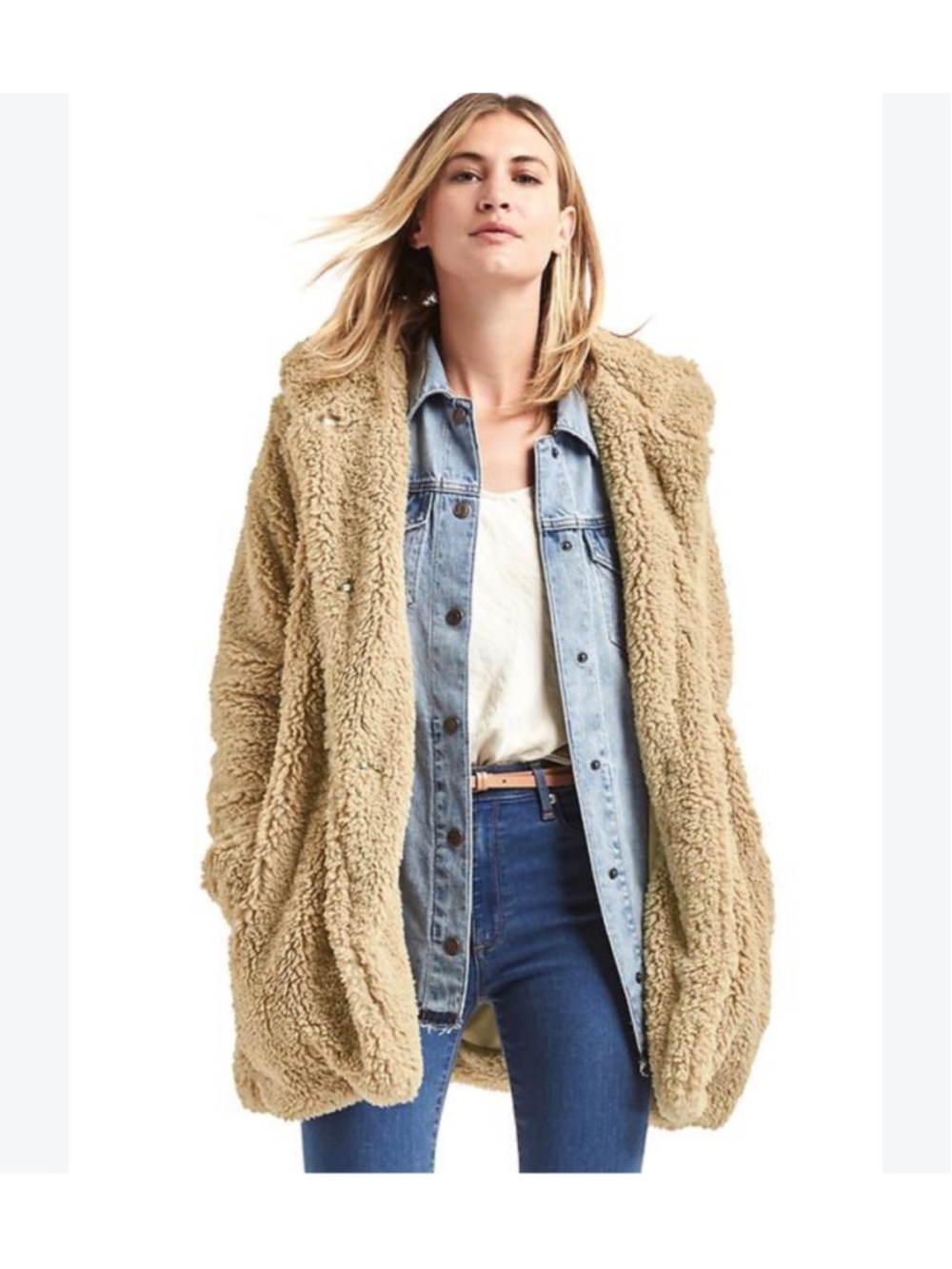 Gap Long Teddy Jacket Large Hooded Cozy Tan Relaxed